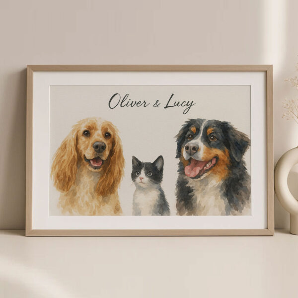 Personalized Pet Portrait of Dogs and Cat Oliver and Lucy in Watercolor Style Decor - Image 2