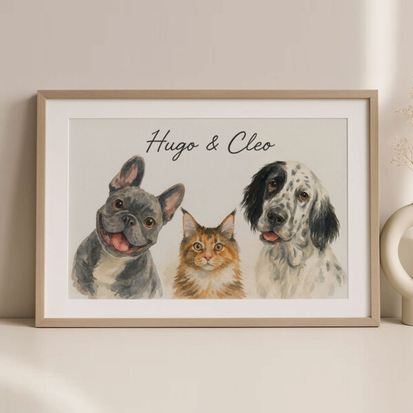 Personalized Pet Portrait Art Featuring Dogs and Cats in Watercolor Style for Home Decor - Image 2