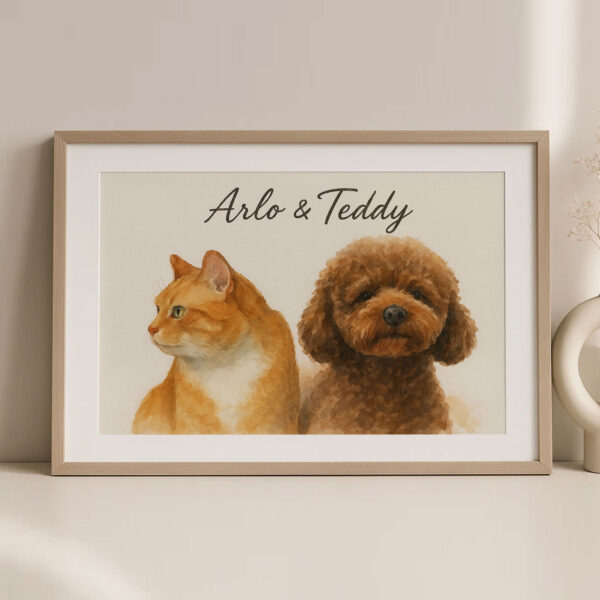 Custom Pet Portrait Art Featuring a Cat and Dog in Stylish Frame for Home Decor - Image 2