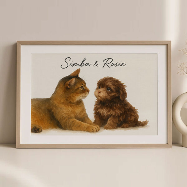 Personalized Pet Art Print of Cat and Dog in Warm Watercolor Style with Names Simba and Rosie - Image 2
