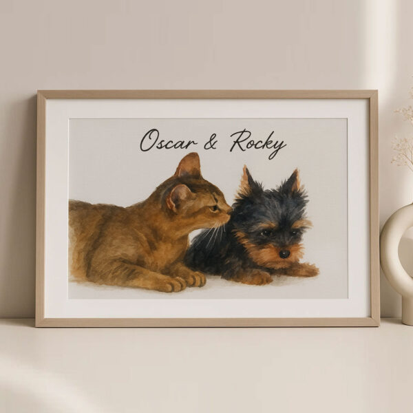 Personalized Pet Portrait Art Featuring a Cat and Dog Named Oscar and Rocky in a Modern Frame - Image 2