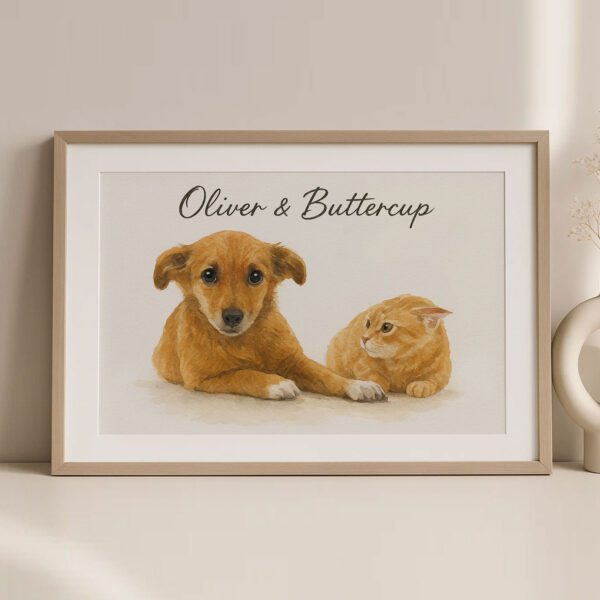 Personalized Pet Art Print Featuring Adorable Dog and Cat Oliver and Buttercup in Warm Watercolor Style - Image 2