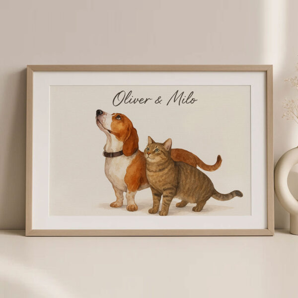 Personalized Pet Portrait of Beagle and Tabby Cat in Watercolor Style for Home Decor - Image 2