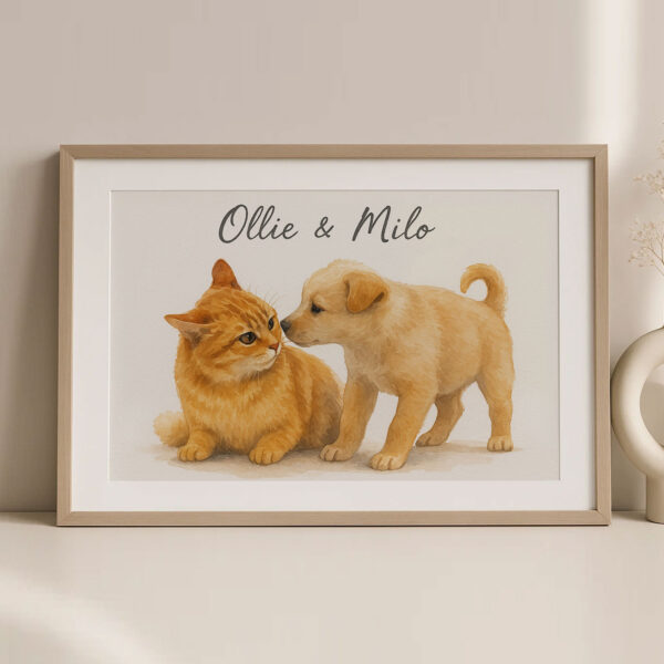 Custom Pet Portrait of Ollie the Cat and Milo the Puppy in Soft Watercolor Style for Animal Lovers - Image 2