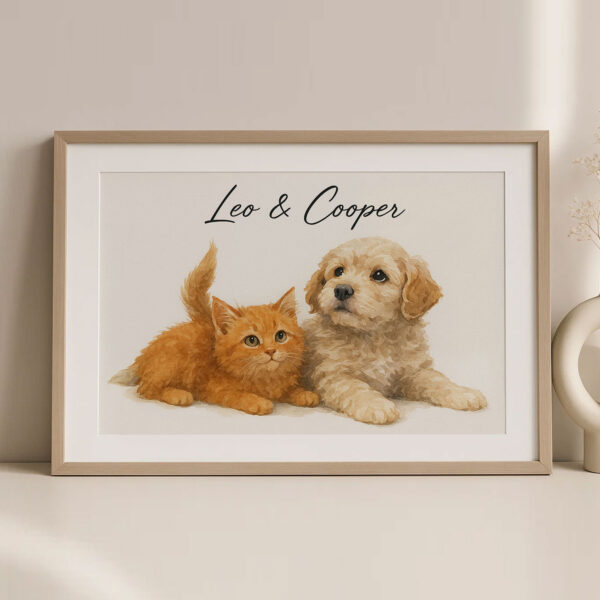 Personalized Pet Portrait Art of Cats and Dogs Featuring Leo and Cooper in a Stylish Frame - Image 2