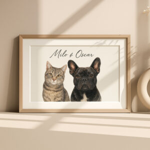 Custom Pet Portrait Art Featuring a Cat and French Bulldog named Milo and Oscar in Modern Frame