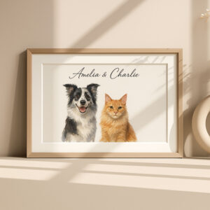 Personalized Pet Portrait of a Happy Dog and Cat in Stylish Watercolor Design
