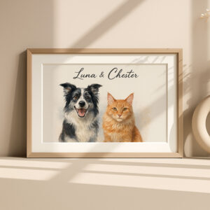 Personalized Watercolor Pet Portrait of Dog and Cat Framed Art for Home Decor