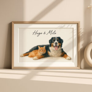 Personalized Pet Portrait of a Dog and Cat - Hugo and Milo Watercolor Art Print for Pet Lovers