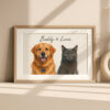 Personalized Pet Portrait Art of Dog and Cat Buddy and Luna in Framed Print Design