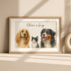 Personalized Pet Portrait of Dogs and Cat Oliver and Lucy in Watercolor Style Decor
