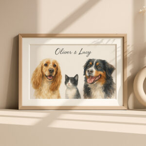 Personalized Pet Portrait of Dogs and Cat Oliver and Lucy in Watercolor Style Decor