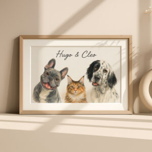 Personalized Pet Portrait Art Featuring Dogs and Cats in Watercolor Style for Home Decor