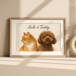 Custom Pet Portrait Art Featuring a Cat and Dog in Stylish Frame for Home Decor