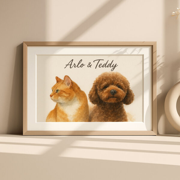 Custom Pet Portrait Art Featuring a Cat and Dog in Stylish Frame for Home Decor