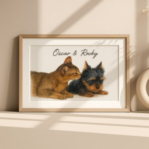 Personalized Pet Portrait Art Featuring a Cat and Dog Named Oscar and Rocky in a Modern Frame