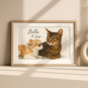 Personalized Pet Portrait Wall Art Featuring a Cat and Dog Illustration for Home Decor