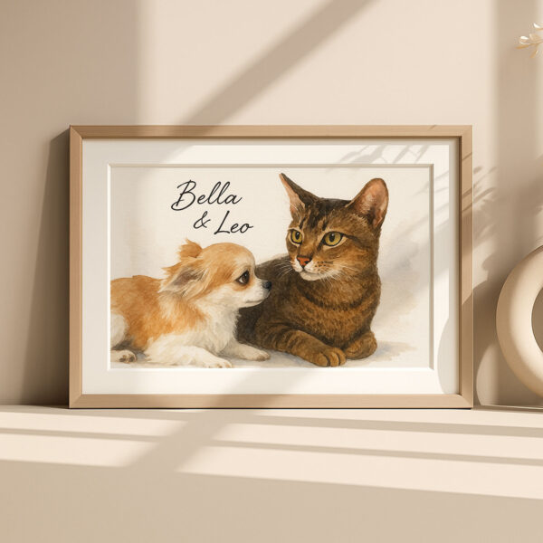 Personalized Pet Portrait Wall Art Featuring a Cat and Dog Illustration for Home Decor