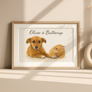Personalized Pet Art Print Featuring Adorable Dog and Cat Oliver and Buttercup in Warm Watercolor Style