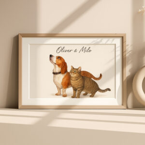 Personalized Pet Portrait of Beagle and Tabby Cat in Watercolor Style for Home Decor