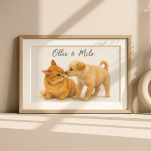 Custom Pet Portrait of Ollie the Cat and Milo the Puppy in Soft Watercolor Style for Animal Lovers
