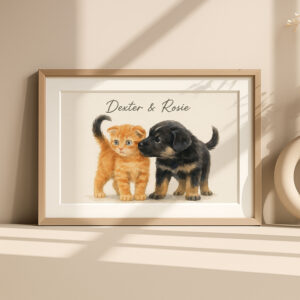 Personalized Watercolor Pet Portrait of Dexter and Rosie - Cute Cat and Dog Artwork for Home Decor