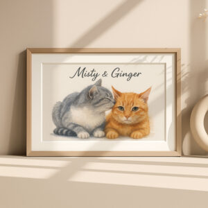 Adorable Watercolor Cat Artwork Featuring Misty and Ginger for Pet Lovers Home Decor