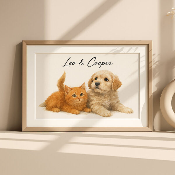 Personalized Pet Portrait Art of Cats and Dogs Featuring Leo and Cooper in a Stylish Frame