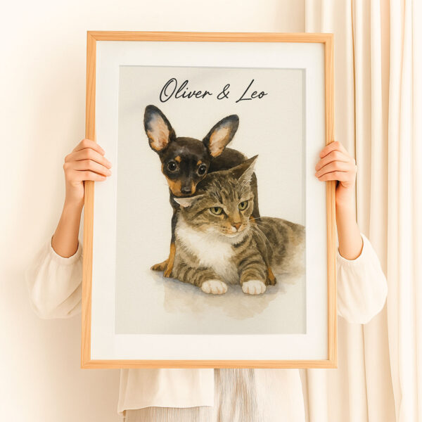 Personalized Pet Portrait of Oliver and Leo Featuring a Dog and Cat in Watercolor Style Decor - Image 8