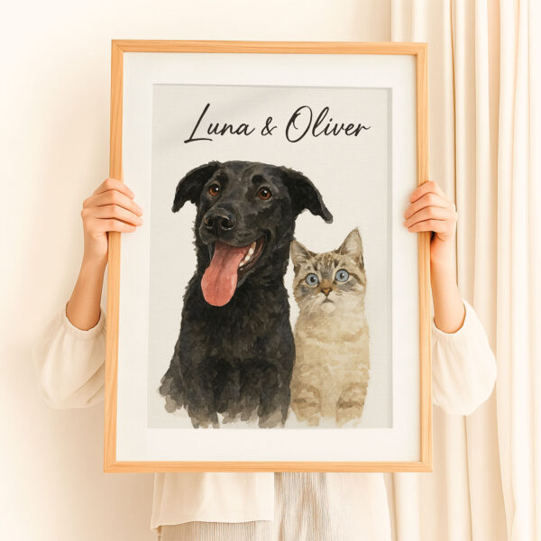 Custom Pet Portrait of Black Dog and Cat Named Luna and Oliver in Watercolor Style for Home Decor - Image 8