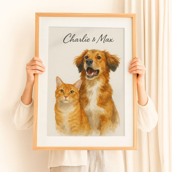 Custom Watercolor Pet Portrait of Dog and Cat with Names for Personalized Home Decor - Image 8