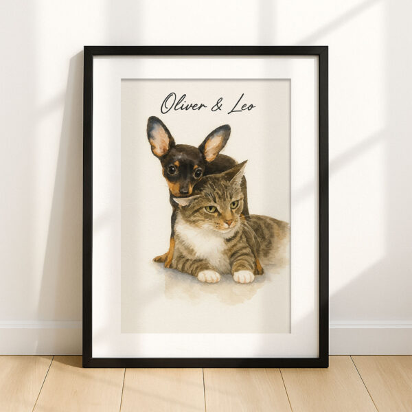 Personalized Pet Portrait of Oliver and Leo Featuring a Dog and Cat in Watercolor Style Decor - Image 7