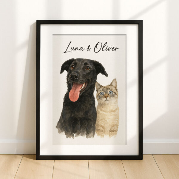 Custom Pet Portrait of Black Dog and Cat Named Luna and Oliver in Watercolor Style for Home Decor - Image 7