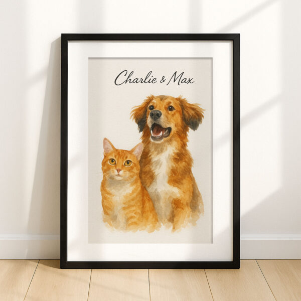 Custom Watercolor Pet Portrait of Dog and Cat with Names for Personalized Home Decor - Image 7