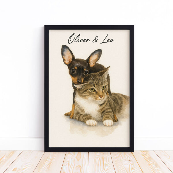 Personalized Pet Portrait of Oliver and Leo Featuring a Dog and Cat in Watercolor Style Decor - Image 6