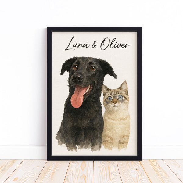 Custom Pet Portrait of Black Dog and Cat Named Luna and Oliver in Watercolor Style for Home Decor - Image 6