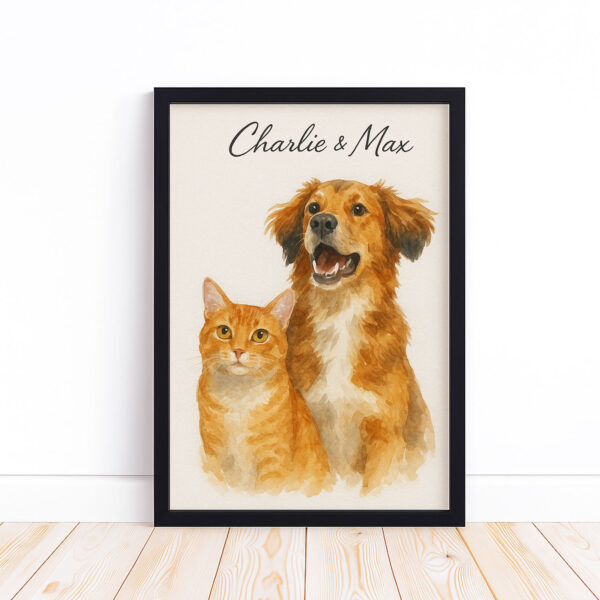 Custom Watercolor Pet Portrait of Dog and Cat with Names for Personalized Home Decor - Image 6