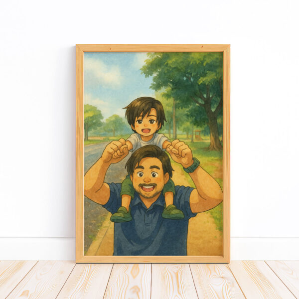 Father and Son Framed Art Print Cute Cartoon Style Family Bonding Decoration - Image 5