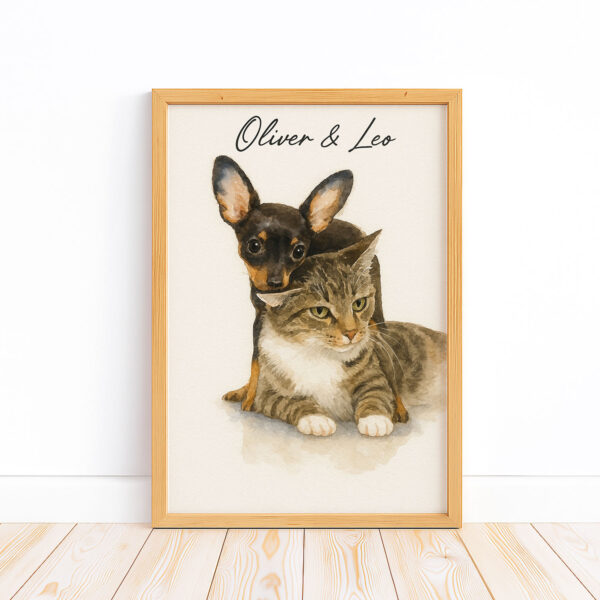 Personalized Pet Portrait of Oliver and Leo Featuring a Dog and Cat in Watercolor Style Decor - Image 5