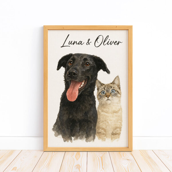 Custom Pet Portrait of Black Dog and Cat Named Luna and Oliver in Watercolor Style for Home Decor - Image 5