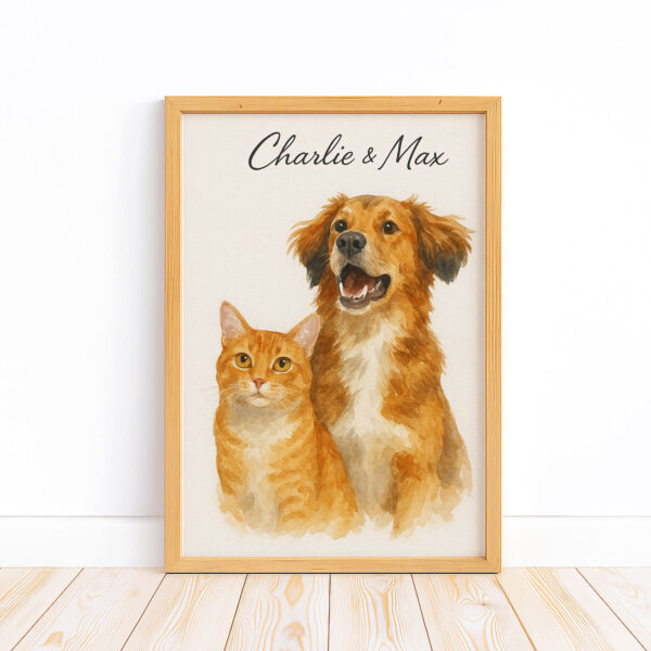 Custom Watercolor Pet Portrait of Dog and Cat with Names for Personalized Home Decor - Image 5
