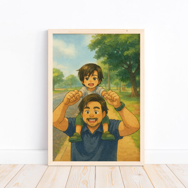 Father and Son Framed Art Print Cute Cartoon Style Family Bonding Decoration - Image 4