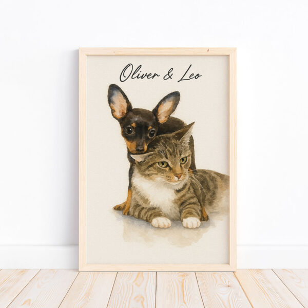 Personalized Pet Portrait of Oliver and Leo Featuring a Dog and Cat in Watercolor Style Decor - Image 4