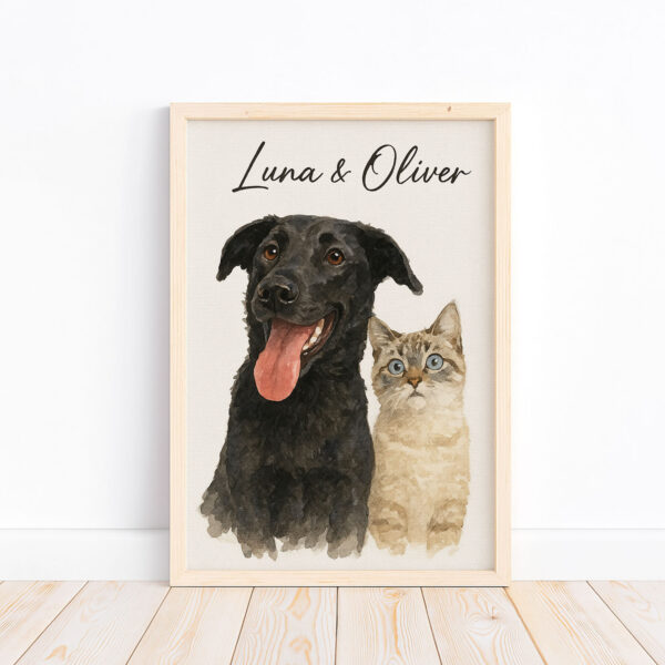 Custom Pet Portrait of Black Dog and Cat Named Luna and Oliver in Watercolor Style for Home Decor - Image 4