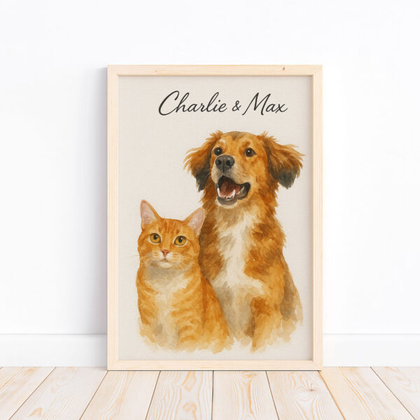 Custom Watercolor Pet Portrait of Dog and Cat with Names for Personalized Home Decor - Image 4