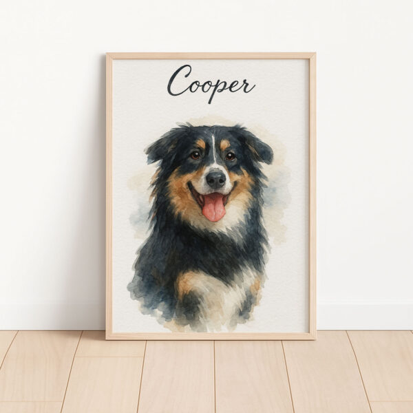 Custom Watercolor Pet Portrait of Your Dog Cooper in a Stylish Frame for Home Decor - Image 3