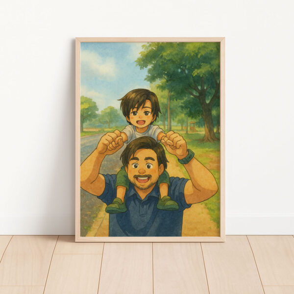 Father and Son Framed Art Print Cute Cartoon Style Family Bonding Decoration - Image 3