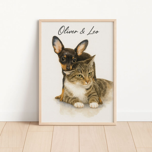 Personalized Pet Portrait of Oliver and Leo Featuring a Dog and Cat in Watercolor Style Decor - Image 3