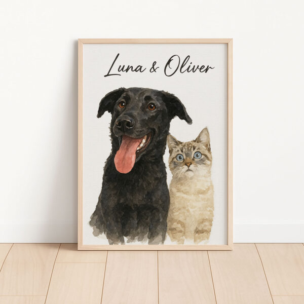 Custom Pet Portrait of Black Dog and Cat Named Luna and Oliver in Watercolor Style for Home Decor - Image 3