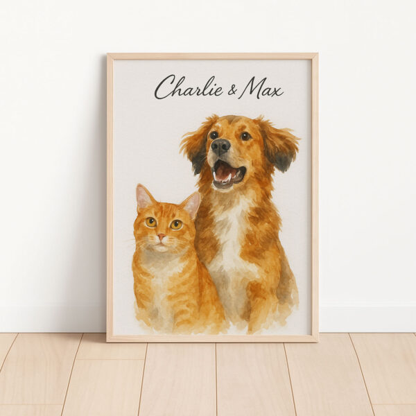 Custom Watercolor Pet Portrait of Dog and Cat with Names for Personalized Home Decor - Image 3